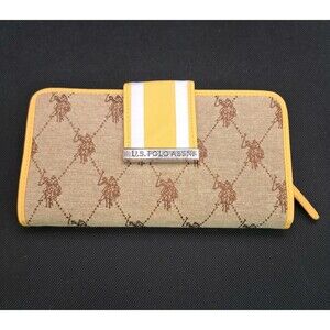 U.S. Polo Assn Tan Canvas Zip Around Womens Wallet Brown Monogram Yellow Trim